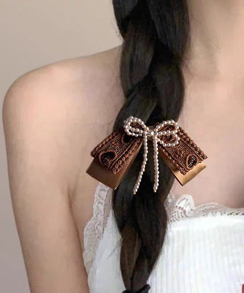 Hairpin Handmade Bow Fabric Pearl Art Brown FashionChic