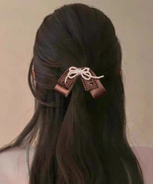 Hairpin Handmade Bow Fabric Pearl Art Brown FashionChic