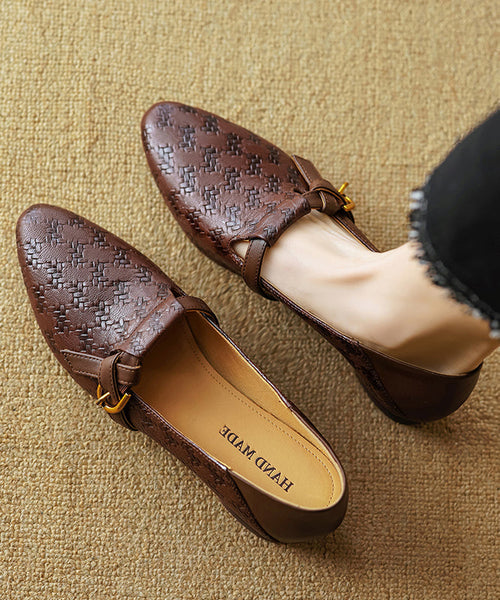 Cowhide Handmade Shoes Flat Feet Pointed Toe Brown Leather FashionChic