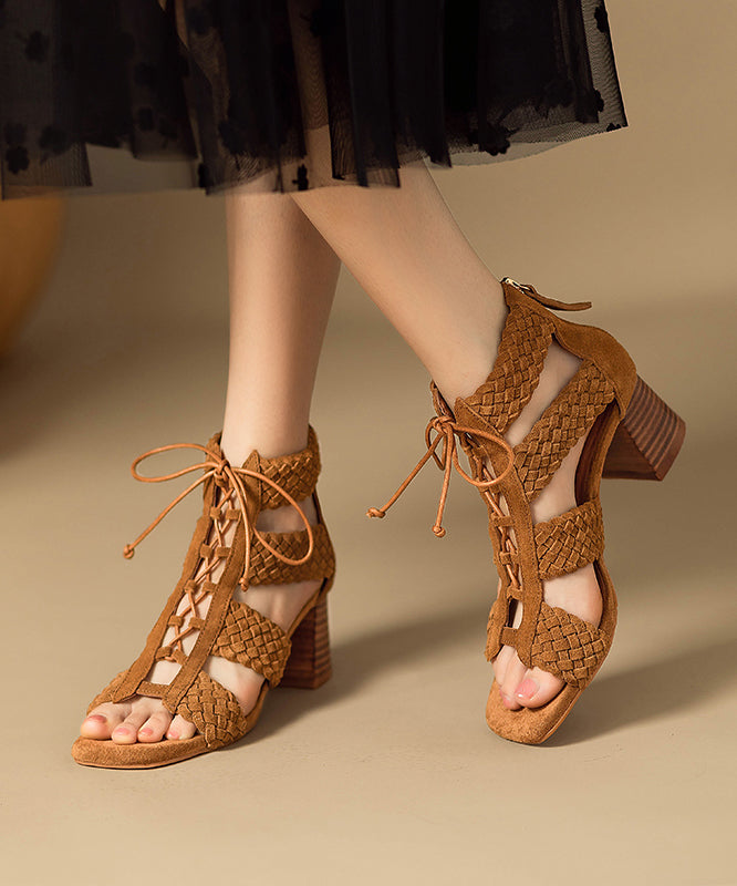 Hollow Brown Lace Out Sandals Chunky Splicing Handmade Boots Up FashionChic