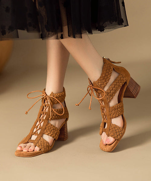 Hollow Brown Lace Out Sandals Chunky Splicing Handmade Boots Up FashionChic