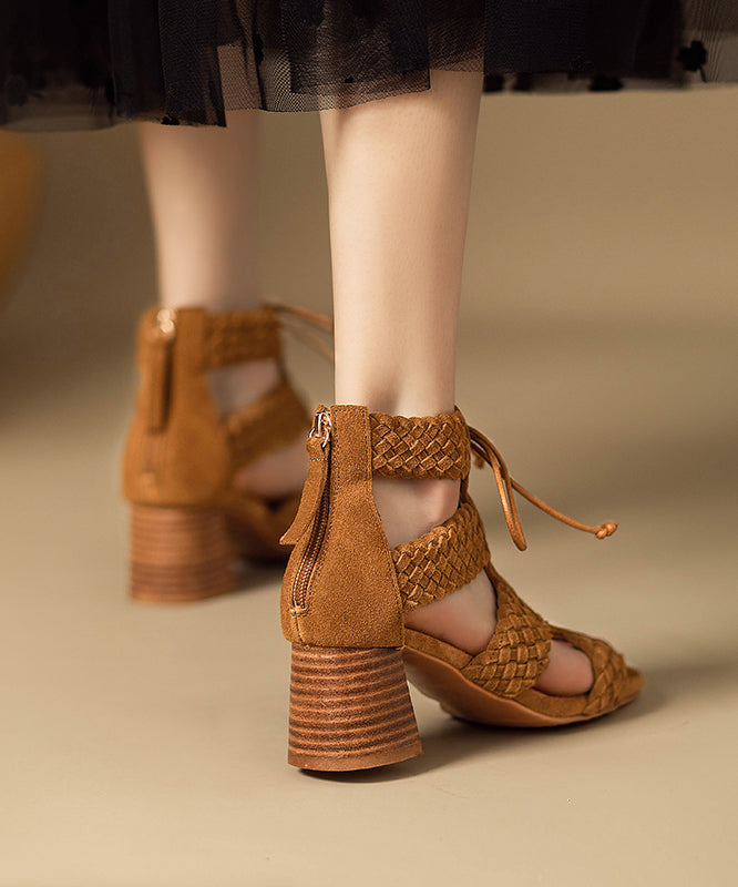 Hollow Brown Lace Out Sandals Chunky Splicing Handmade Boots Up FashionChic