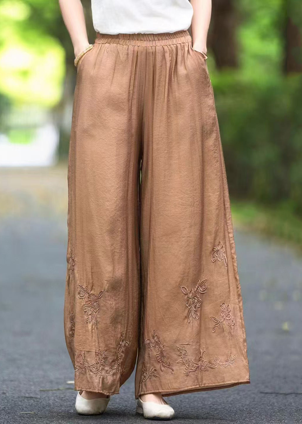 Silk Elastic Handmade Pockets Solid Pants Brown Waist Summer FashionChic