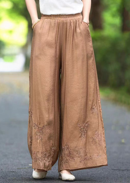 Silk Elastic Handmade Pockets Solid Pants Brown Waist Summer FashionChic