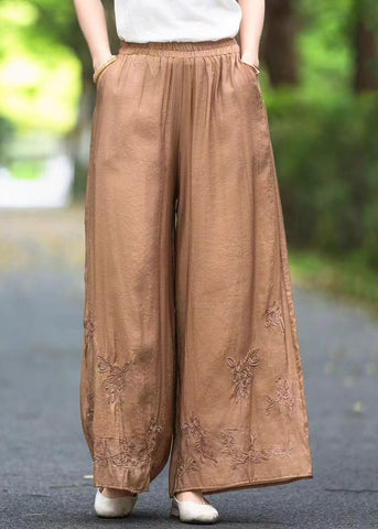 Silk Elastic Handmade Pockets Solid Pants Brown Waist Summer FashionChic