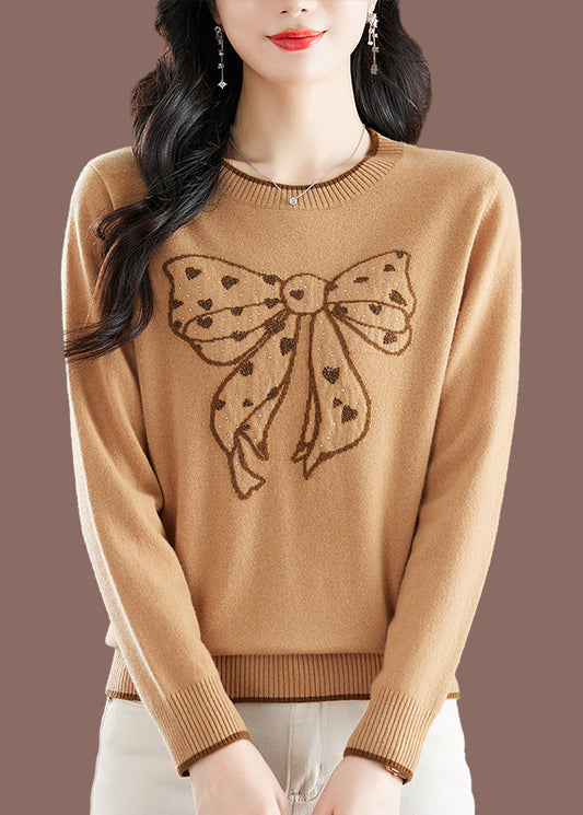 Handmade Camel O-Neck Embroidered Bow Thick Cotton Knit Sweaters Winter TE037 ABC