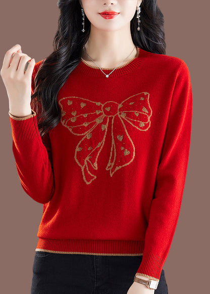 Handmade Camel O-Neck Embroidered Bow Thick Cotton Knit Sweaters Winter TE037 ABC