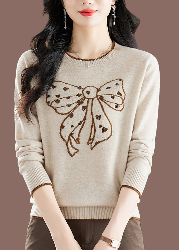 Handmade Camel O-Neck Embroidered Bow Thick Cotton Knit Sweaters Winter TE037 ABC