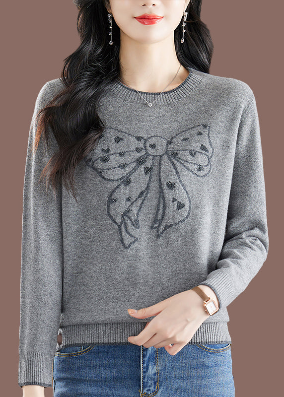 Handmade Camel O-Neck Embroidered Bow Thick Cotton Knit Sweaters Winter TE037 ABC