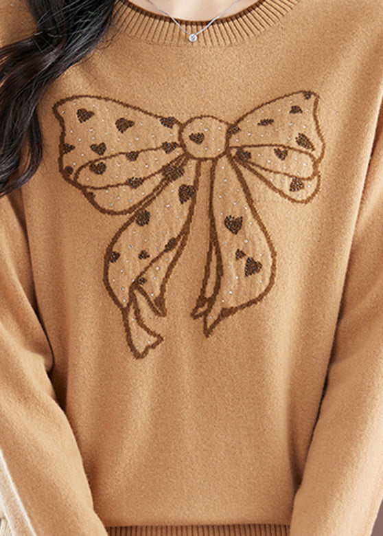 Handmade Camel O-Neck Embroidered Bow Thick Cotton Knit Sweaters Winter TE037 ABC