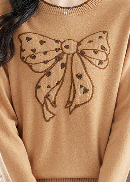 Handmade Camel O-Neck Embroidered Bow Thick Cotton Knit Sweaters Winter TE037 ABC