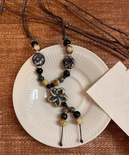 Coffee Alloy Pendant Wax Necklace Ceramic Rope Handmade FashionChic