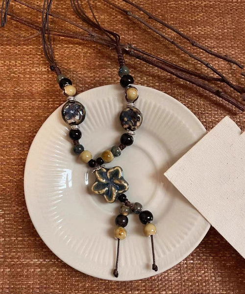 Coffee Alloy Pendant Wax Necklace Ceramic Rope Handmade FashionChic