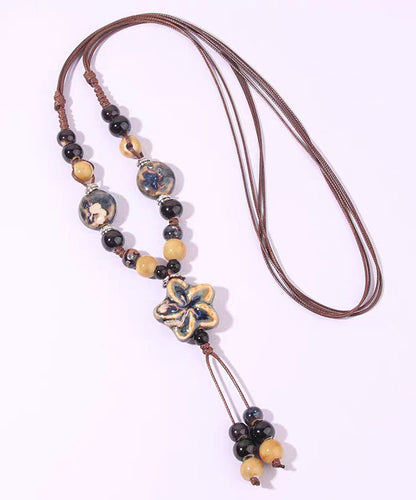 Coffee Alloy Pendant Wax Necklace Ceramic Rope Handmade FashionChic