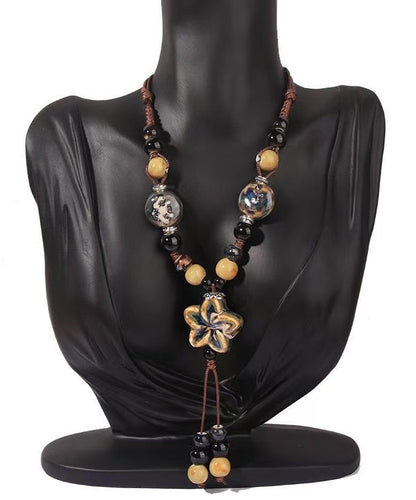 Coffee Alloy Pendant Wax Necklace Ceramic Rope Handmade FashionChic