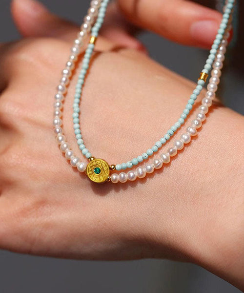 Colorblock Beading Alloy Handmade Double-Layer Pendant Pearl FashionChic
