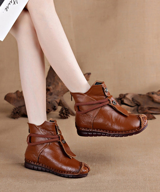 Leather Brown Splicing Cowhide Comfortable Boots Handmade FashionChic
