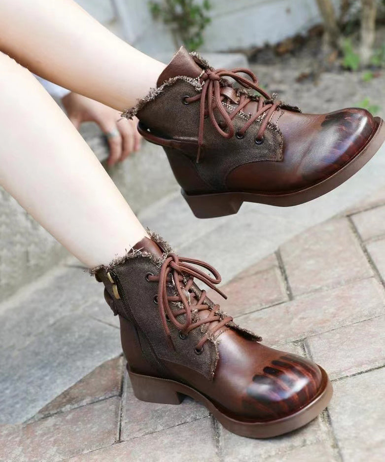 Handmade Comfy Brown Cowhide Leather Splicing Boots Lace Up OM003 ABC