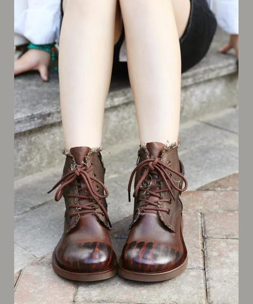 Handmade Comfy Brown Cowhide Leather Splicing Boots Lace Up OM003 ABC