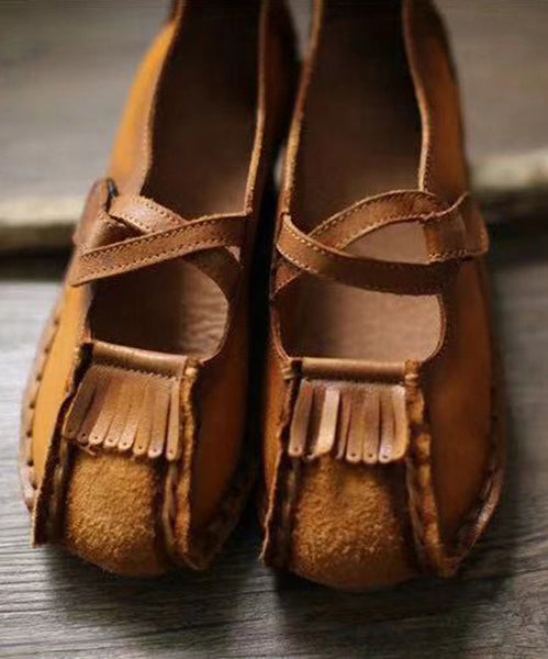 Handmade Comfy Flats Shoes Khaki Cowhide Leather RT1018 Ada Fashion