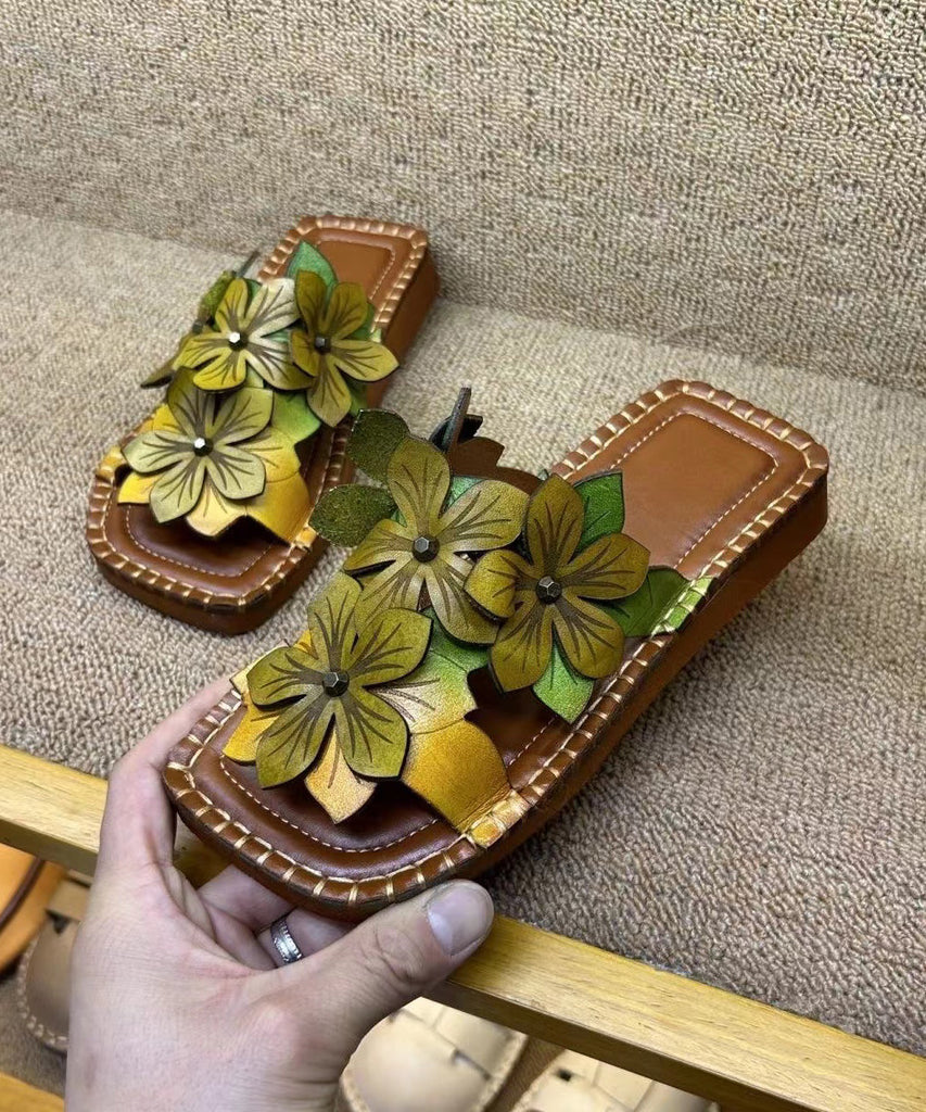 Handmade Cowhide Leather Yellow Green Floral Slide Sandals OI025 shoe-LT240801