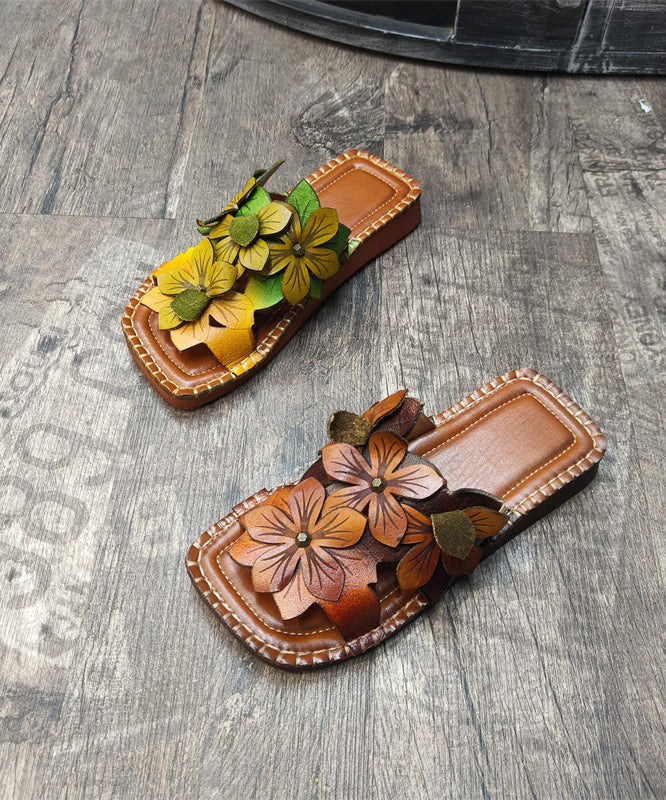 Handmade Cowhide Leather Yellow Green Floral Slide Sandals OI025 shoe-LT240801