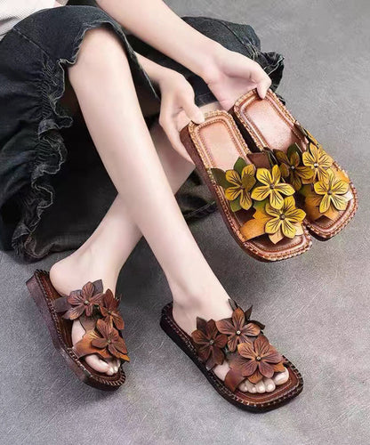 Handmade Cowhide Leather Yellow Green Floral Slide Sandals OI025 shoe-LT240801