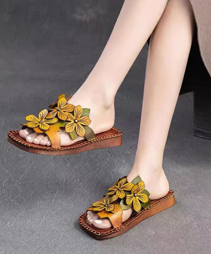 Handmade Cowhide Leather Yellow Green Floral Slide Sandals OI025 shoe-LT240801