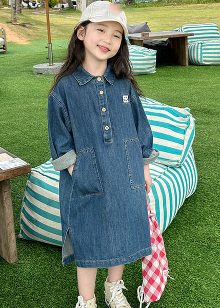 Handmade Denim Blue Peter Pan Collar Patchwork Button Kids Long Dress Spring TV024