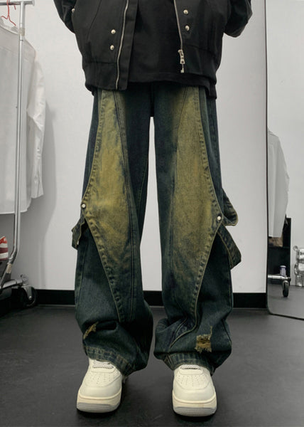 Handmade Denim Blue Pockets Patchwork Men Straight Pants Summer SA020 Men-casual-MENP240726