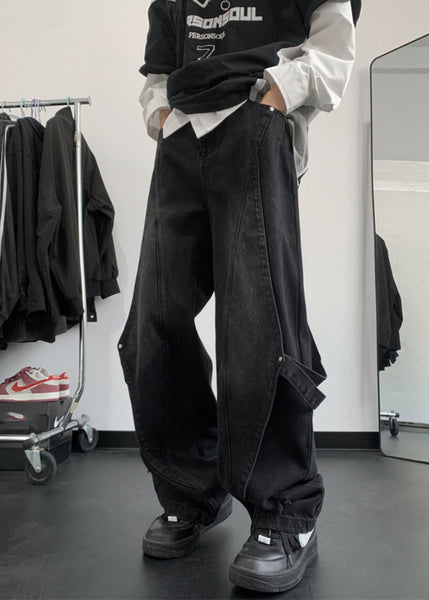 Handmade Denim Blue Pockets Patchwork Men Straight Pants Summer SA020 Men-casual-MENP240726