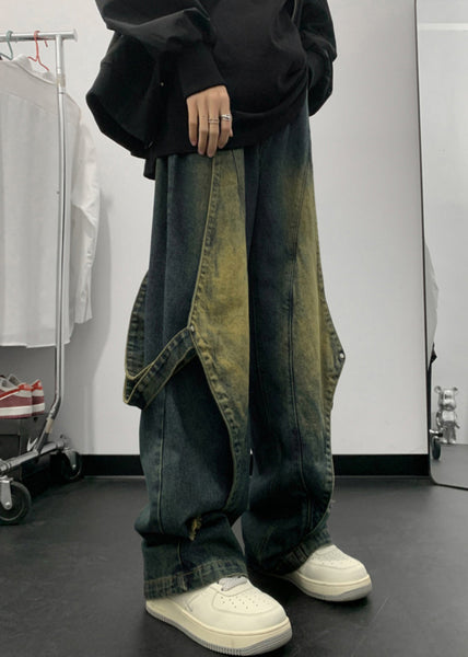 Handmade Denim Blue Pockets Patchwork Men Straight Pants Summer SA020 Men-casual-MENP240726