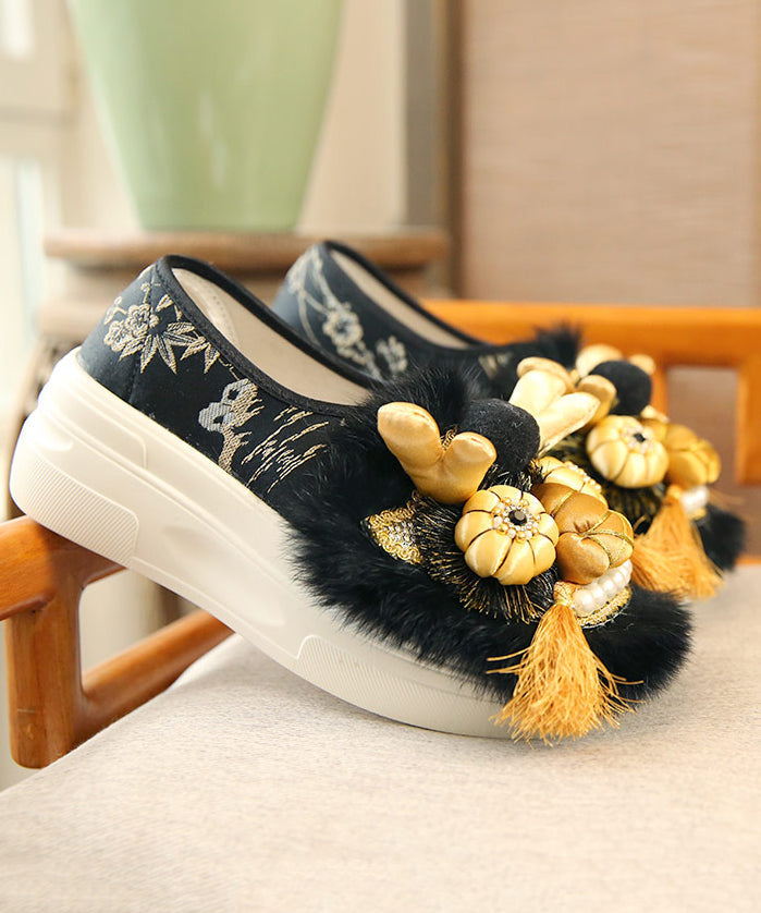 Handmade Faux Fur Splicing Platform Flats Black Embroidery TQ045 ABC