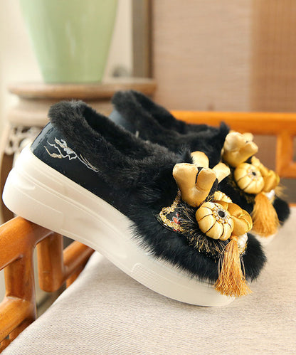 Handmade Faux Fur Splicing Platform Flats Black Embroidery TQ045 ABC