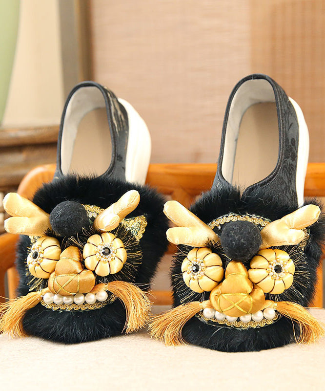 Handmade Faux Fur Splicing Platform Flats Black Embroidery TQ045 ABC