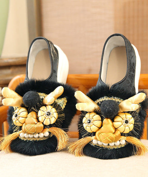 Handmade Faux Fur Splicing Platform Flats Black Embroidery TQ045 ABC