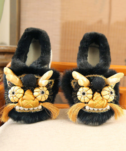 Handmade Faux Fur Splicing Platform Flats Black Embroidery TQ045 ABC