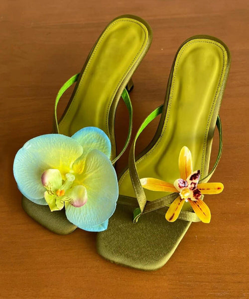 Floral Flip Stiletto Heels Silk Asymmetrical Flops Handmade Green FashionChic