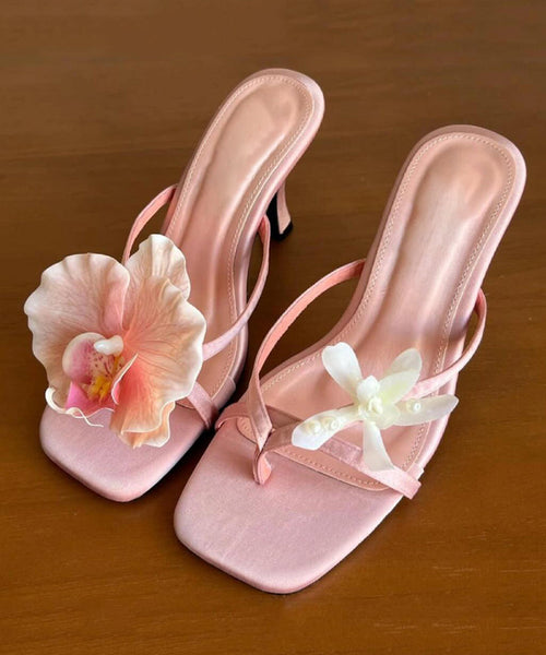 Floral Flip Stiletto Heels Silk Asymmetrical Flops Handmade Green FashionChic