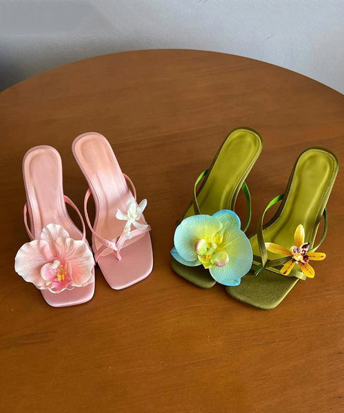 Floral Flip Stiletto Heels Silk Asymmetrical Flops Handmade Green FashionChic