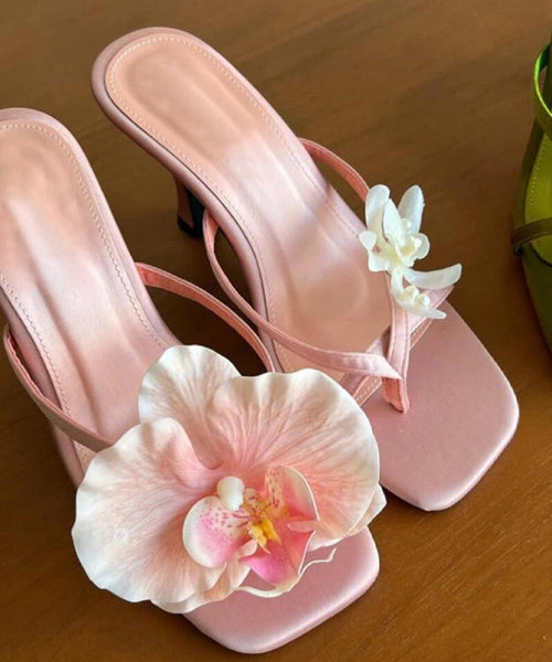 Floral Flip Stiletto Heels Silk Asymmetrical Flops Handmade Green FashionChic