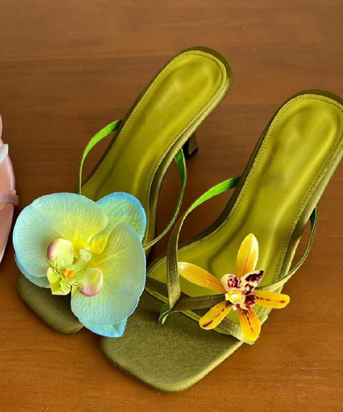 Floral Flip Stiletto Heels Silk Asymmetrical Flops Handmade Green FashionChic
