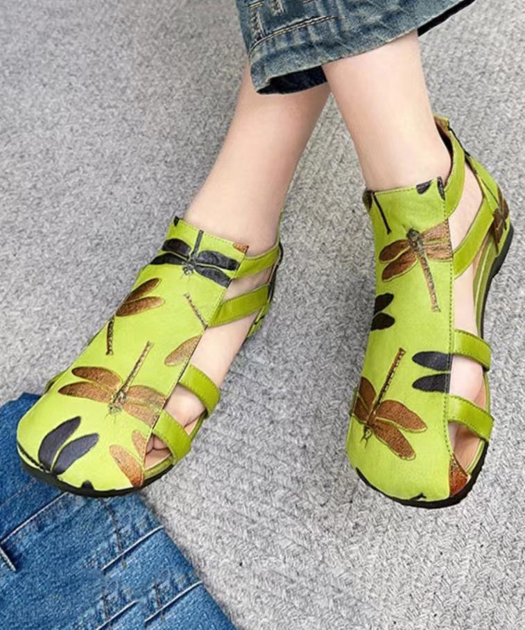 Handmade Green Cowhide Leather Embossed Hollow Out Splicing Sandals DD1052 Shoe-LX240605