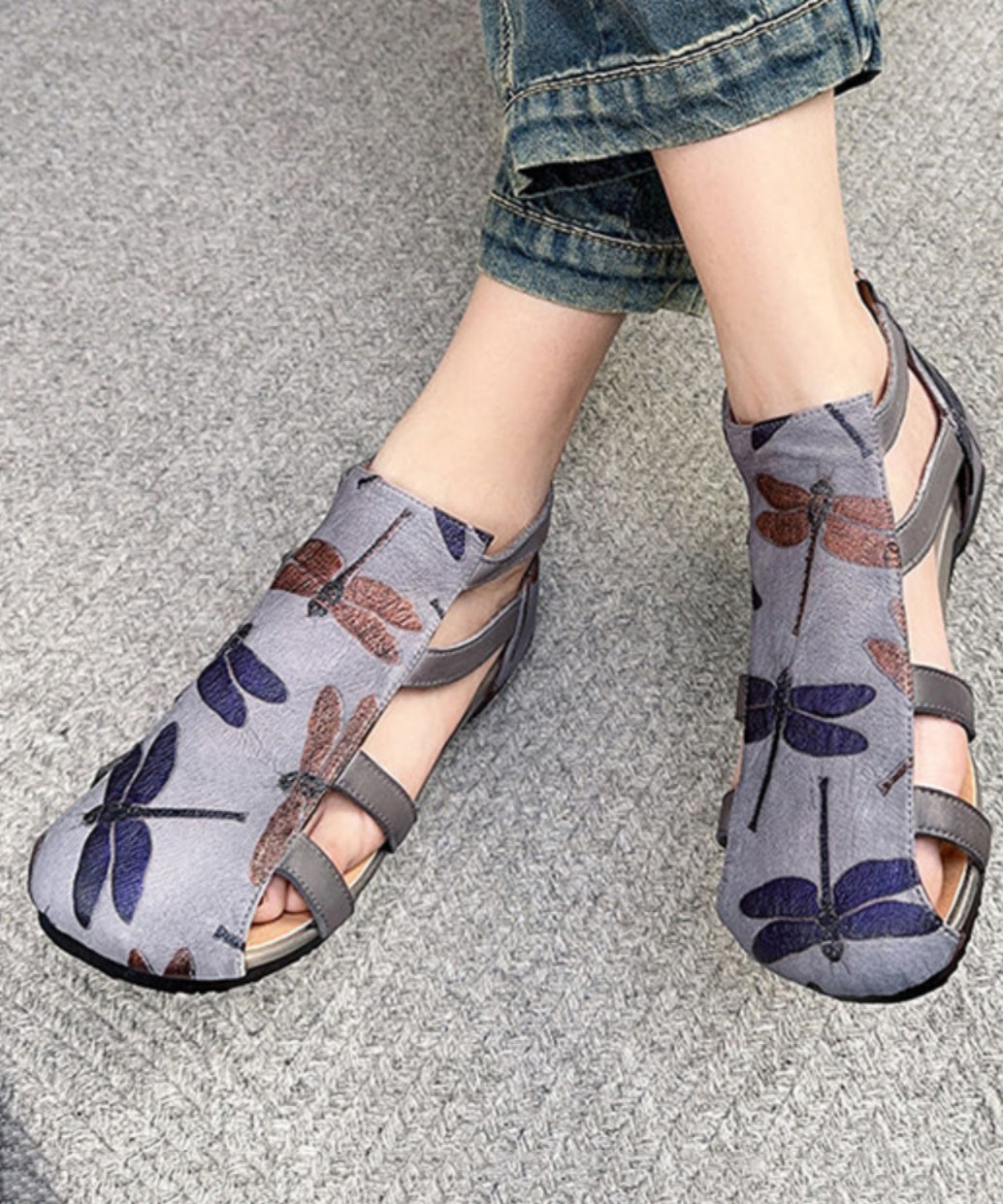 Handmade Green Cowhide Leather Embossed Hollow Out Splicing Sandals DD1052 Shoe-LX240605