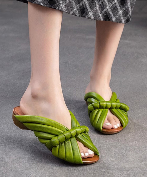 Handmade Green Cowhide Leather Peep Toe Slide Sandals JJ080 Shoe-LT240609