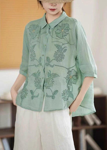 Shirt Half Handmade Sleeve Button Green Linen Embroidered FashionChic