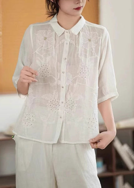 Shirt Half Handmade Sleeve Button Green Linen Embroidered FashionChic