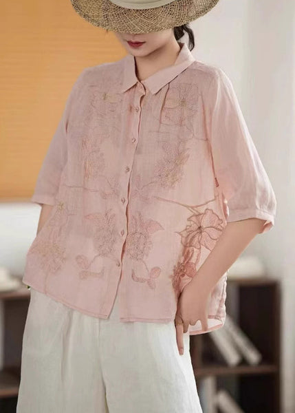Shirt Half Handmade Sleeve Button Green Linen Embroidered FashionChic
