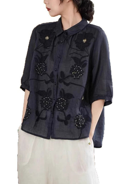 Shirt Half Handmade Sleeve Button Green Linen Embroidered FashionChic