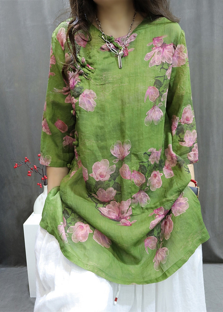 Handmade Green O-Neck Print Button Top Summer VB1078 Ada Fashion